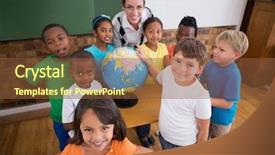  Presentation with school elementary - Slides featuring chalkboard map - cute pupils pointing to globe background and a  colored foreground