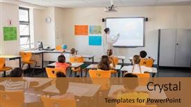  Presentation with giving - Audience pleasing slide deck consisting of chalkboard map - teacher giving lesson to her backdrop and a  colored foreground