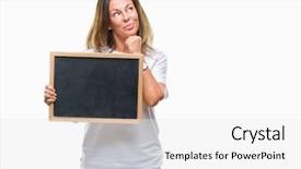  Presentation with questions question marks idea - Cool new presentation theme with chalkboard questions - middle age hispanic woman holding backdrop and a white colored foreground