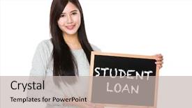  Presentation with weight loss woman showing - Slide deck featuring chalkboard showing phrase student loan background and a mint green colored foreground