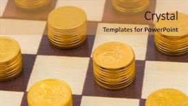  Presentation with chess money - Presentation theme enhanced with challenge coins - money on chess board concept background and a yellow colored foreground