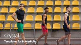  Presentation with athlete - Presentation enhanced with challenge skill - image of young smiling multiethnic background and a violet colored foreground