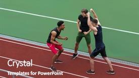  Presentation with team athlete - Slide set enhanced with challenge skill - picture of happy multiethnic athlete background and a tawny brown colored foreground