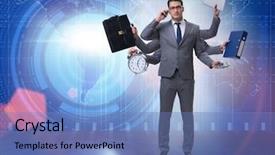  Presentation with challenge - Beautiful PPT theme featuring challenge skill - young businessman in multitasking concept backdrop and a teal colored foreground