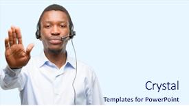  Presentation with call center software - Beautiful PPT theme featuring challenger customer - black man consultant of call backdrop and a sky blue colored foreground