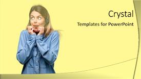  Presentation with call center software - Colorful slide set enhanced with challenger customer - consultant of call center woman backdrop and a white colored foreground