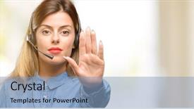  Presentation with call center - Beautiful slide set featuring challenger customer - consultant of call center woman backdrop and a light blue colored foreground