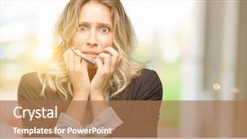  Presentation with call center agent reporting - Colorful PPT theme enhanced with challenger customer - young woman operator from call backdrop and a coral colored foreground