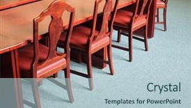  Presentation with conference table - Slide deck having chamber commerce - wooden chairs stand near long background and a  colored foreground