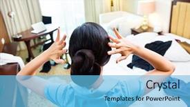  Presentation with room cleaning - Slide deck with chambermaid cleaning in asian hotel background and a light blue colored foreground