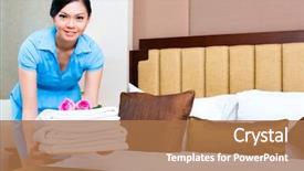  Presentation with room cleaning - Beautiful presentation design featuring chambermaid cleaning in asian hotel backdrop and a coral colored foreground
