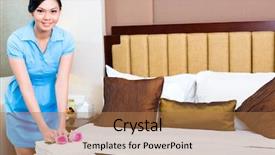  Presentation with room cleaning - Beautiful PPT theme featuring chambermaid cleaning in asian hotel backdrop and a coral colored foreground