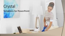  Presentation with cleaning service - Slide set consisting of chambermaid cleaning table from dust background and a white colored foreground