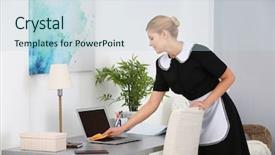 Presentation with cleaning service - Presentation theme with chambermaid cleaning table from dust background and a sky blue colored foreground