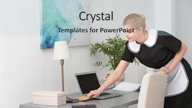 Presentation with cleaning service - Audience pleasing slide deck consisting of chambermaid cleaning table from dust backdrop and a light blue colored foreground