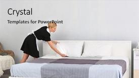  Presentation with bed hotel - Amazing PPT layouts having chambermaid making bed in hotel backdrop and a light gray colored foreground