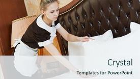  Presentation with hotel - Cool new presentation with chambermaid woman at hotel service backdrop and a sky blue colored foreground