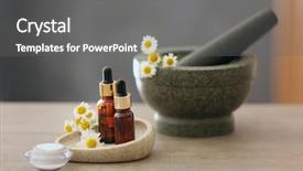  Presentation with essential oil bottles and rosemary - Amazing presentation theme having chamomile flowers and stone mortar backdrop and a  colored foreground