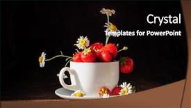  Presentation with strawberries - Colorful slide deck enhanced with chamomiles and strawberries in white coffee cup on dark brown background backdrop and a black colored foreground