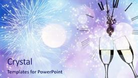  Presentation with new years eve - PPT theme with champagne against fireworks and clock background and a sky blue colored foreground
