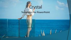  Presentation with sea glass - PPT theme featuring golden resort - woman enjoying glass of champagne background and a  colored foreground