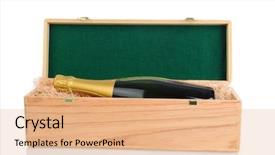  Presentation with lid - Beautiful presentation theme featuring champagne bottle laying inside a gift box with excelsior and lid propped open horizontal format over a white background with reflection backdrop and a coral colored foreground