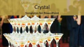  Presentation with banquet - Colorful slide set enhanced with champagne pyramid on event party backdrop and a yellow colored foreground
