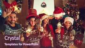  Presentation with new year - Colorful slides enhanced with champaign celebration - group of cheerful friends celebrating backdrop and a tawny brown colored foreground