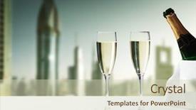  Presentation with uae - Audience pleasing PPT theme consisting of champaign glasses and skyscrapers backdrop and a soft green colored foreground