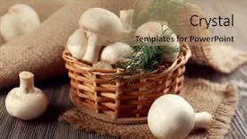  Presentation with mushrooms - PPT theme enhanced with champignon mushrooms a basket dill and sacking mat on wooden background background and a coral colored foreground