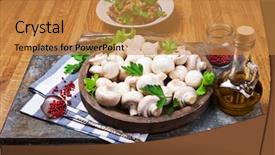  Presentation with mushrooms farm to table vegetables - PPT theme consisting of fresh champignon mushrooms on wooden background and a gold colored foreground