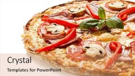  Presentation with bacon - Colorful theme enhanced with pizza with bacon and champignon backdrop and a coral colored foreground