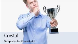  Presentation with thinking brain - PPT theme with champion brain - young handsome blond man holding background and a light blue colored foreground