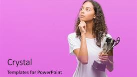  Presentation with trophy - Cool new theme with champion brain - young hispanic woman holding trophy backdrop and a lilac colored foreground