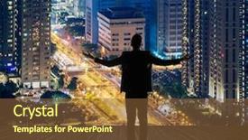  Presentation with city silhouette - Cool new PPT theme with free rewards - silhouette of businessman open arms backdrop and a  colored foreground