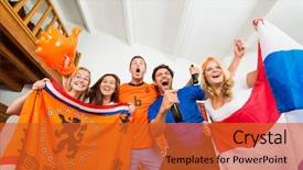  Presentation with champions league - PPT theme having champions league - excited young multiethnic soccer fans background and a red colored foreground