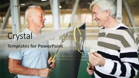  Presentation with badminton - PPT theme featuring championship - two friendly senior badminton players background and a mint green colored foreground