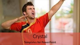  Presentation with portrait of excited overjoyed female - PPT theme enhanced with championship jerseys - portrait of excited sportsman indoors background and a  colored foreground