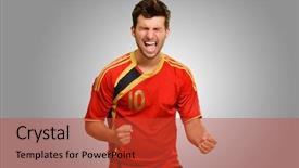  Presentation with grey - Amazing theme having championship jerseys - portrait of excited sportsman isolated backdrop and a  colored foreground