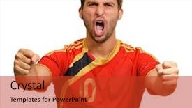  Presentation with portrait of excited overjoyed female - Beautiful slide deck featuring championship jerseys - portrait of excited sportsman isolated backdrop and a  colored foreground