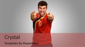  Presentation with portrait of excited overjoyed female - Cool new PPT theme with championship jerseys - portrait of excited sportsman pointing backdrop and a  colored foreground