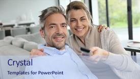  Presentation with middle ages - Cool new slide set with middle-aged couple in living backdrop and a sky blue colored foreground