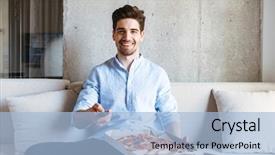  Presentation with control - Beautiful PPT layouts featuring change mangement - happy young man holding tv backdrop and a light blue colored foreground