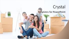  Presentation with ownership - Theme consisting of change ownership - happy family at new home background and a  colored foreground