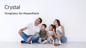  Presentation with new home - Cool new presentation with change ownership - happy family sitting on floor backdrop and a  colored foreground