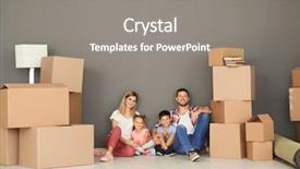  Presentation with ownership - Slide set consisting of change ownership - happy family with cardboard boxes background and a  colored foreground