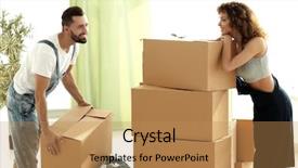 Presentation with young athletes box jumping - Beautiful presentation featuring change ownership - young couple unpacking boxes backdrop and a  colored foreground