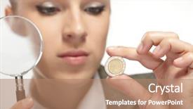  Presentation with detective magnifying glass - Cool new presentation design with change police - portrait of young businesswoman backdrop and a  colored foreground