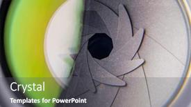  Presentation with lens - Presentation design enhanced with changing-aperture-camera-lens-close background and a dark gray colored foreground