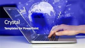  Presentation with global laptop - PPT theme enhanced with changing markets - hand using laptop with global background and a royal blue colored foreground